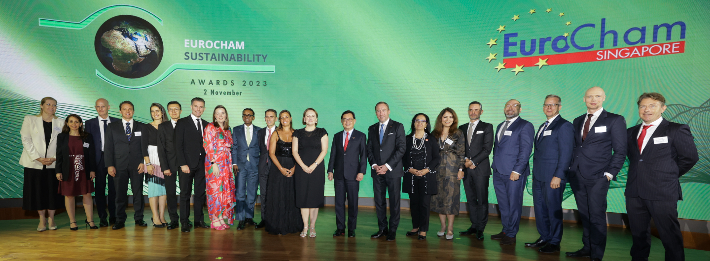 Group of people on stage at EuroCham Sustainability Awards 2023.